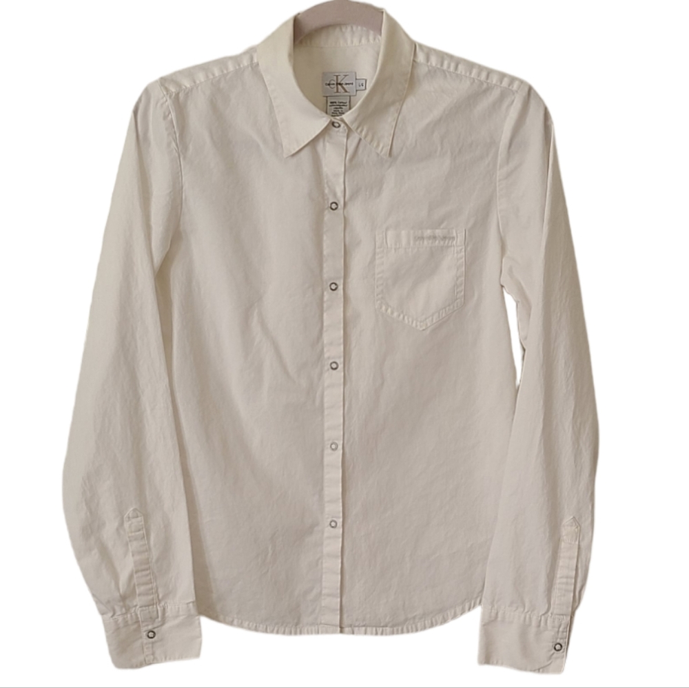 Calvin Klein Jeans Snap Front Collared Shirt White Vintage Size Large